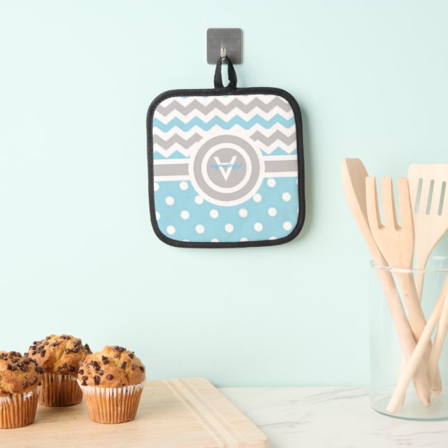 Blue Grey Polka Dot Chevron Pot Holder (Insitu(Hanging))