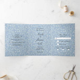 Blue Grey Princess Swirl Elegant Fairytale Wedding Tri-Fold Invitation