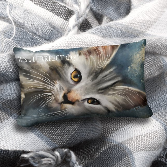 Blue Grey Purrfect Tabby Cat Pillow (A lovely pillow featuring an original painting of a tabby cat and your custom text)
