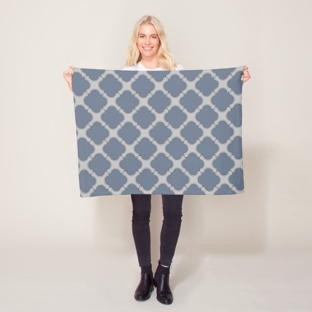Blue-grey quatrefoil fleece blanket (In Situ)