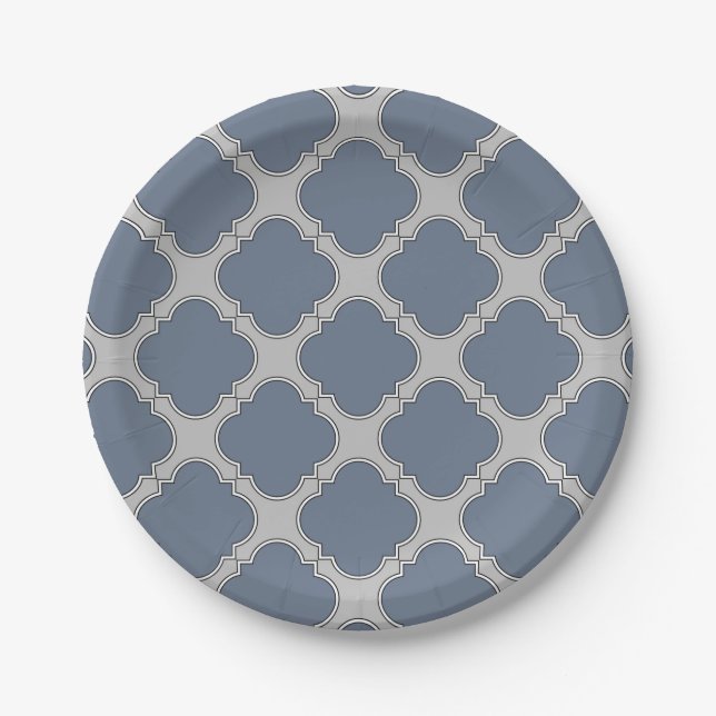 Blue-grey quatrefoil paper plate (Front)