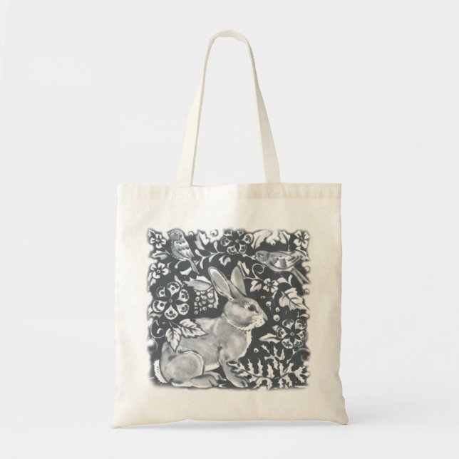 Blue Grey Rabbit Bunny Bird Floral Dedham Delft Tote Bag (Front)