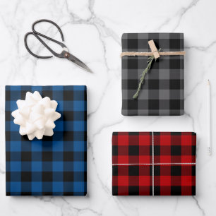 Blue Grey & Red Buffalo Plaid Wrapping Paper Sheet