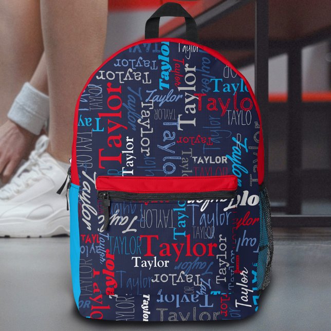 blue grey red personalised name all over printed backpack (Creator Uploaded)