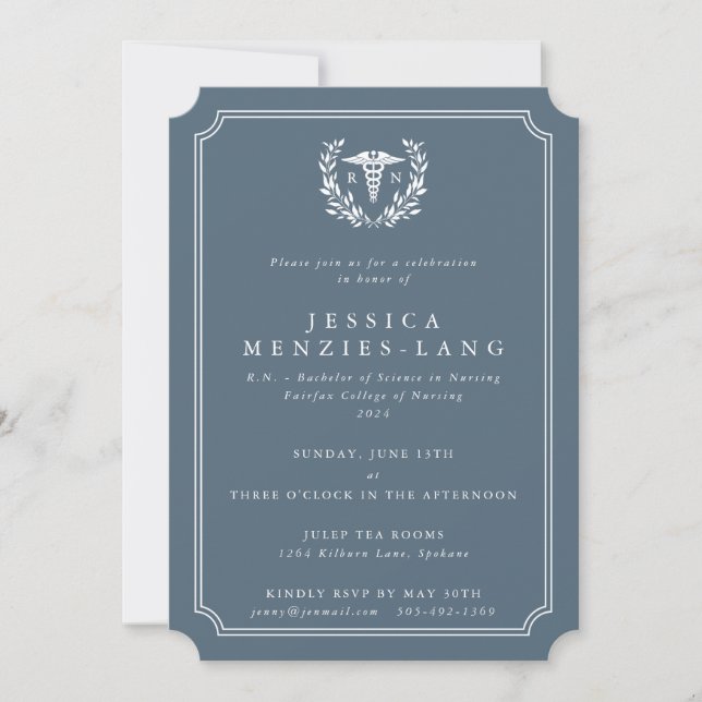 Blue-Grey Registered Nurse Caduceus+Laurel Wreath Invitation (Front)
