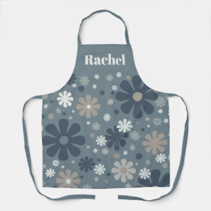 Blue Grey Retro Floral Personalised Pattern Apron
