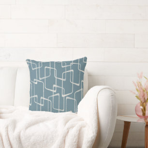 Blue-Grey Retro Lino Print Geometric Pattern Cushion
