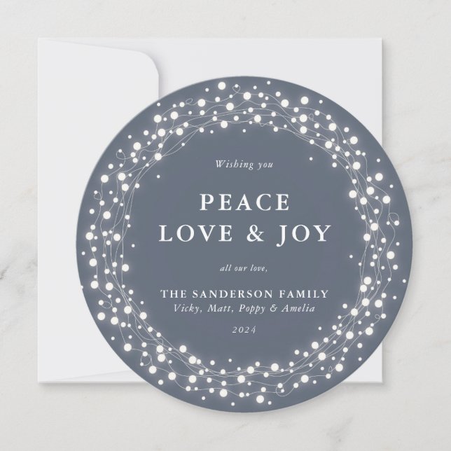 Blue-Grey Round Sparkling Lights Peace Love + Joy Holiday Card (Front)