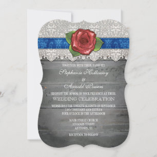 Blue Grey Rustic Wood Rose Wedding Invite