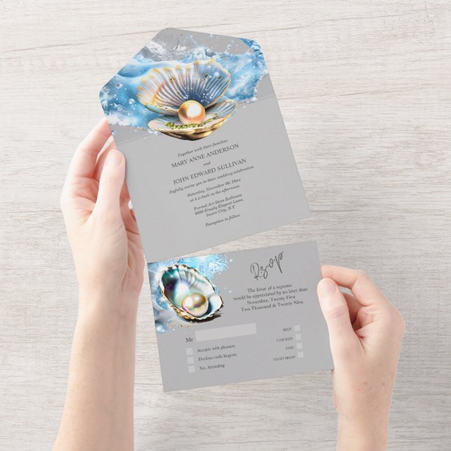 Blue grey seashell pearl oyster shell beach chic all in one invitation (Tearaway)