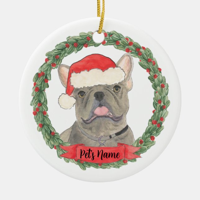 Blue Grey Silver Frenchie French Bulldog Ceramic Tree Decoration (Front)