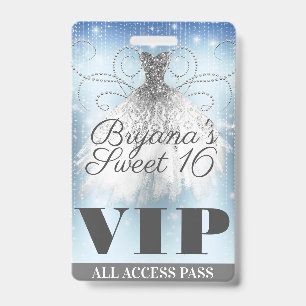 Blue Grey Silver Sparkle Dress Sweet 16 VIP Pass ID Badge