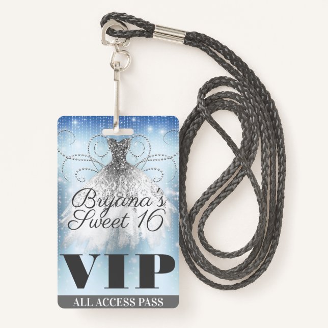 Blue Grey Silver Sparkle Dress Sweet 16 VIP Pass ID Badge (Front with Lanyard)