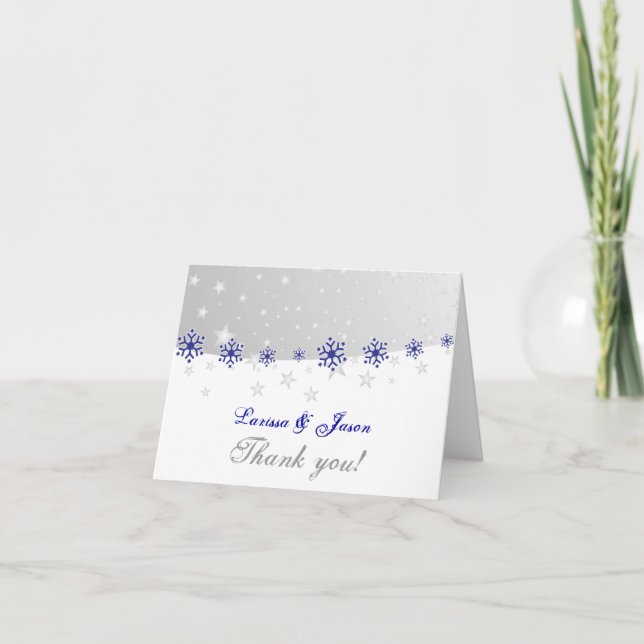 Blue, grey snowflake wedding Thank You photo (Front)