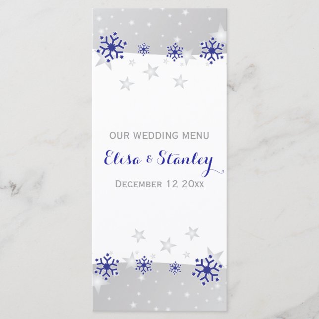 Blue grey snowflakes modern winter wedding menu (Front)