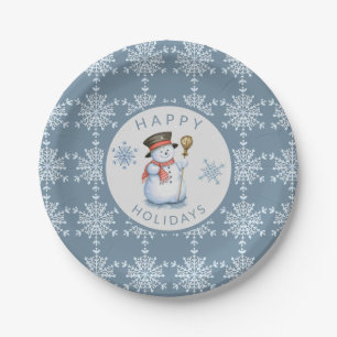 Blue Grey Snowflakes Snowman Holiday Party Paper Plate