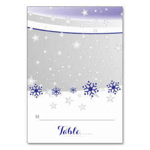 Blue, grey snowflakes wedding folded place card