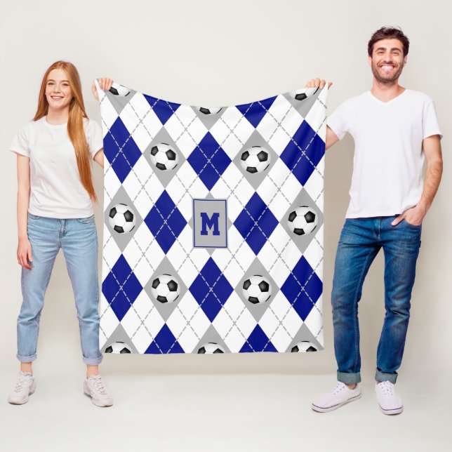 blue grey soccer team colours argyle pattern fleece blanket (In Situ)