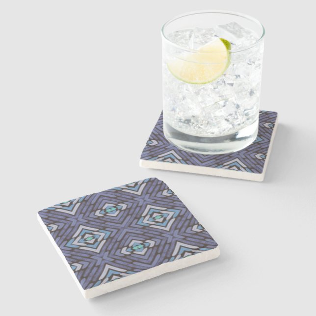 Blue Grey Southwestern Diamond Pattern Stone Coaster (Side)