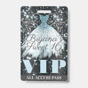 Blue Grey Sparkle Dress Sweet 16 VIP Pass ID Badge