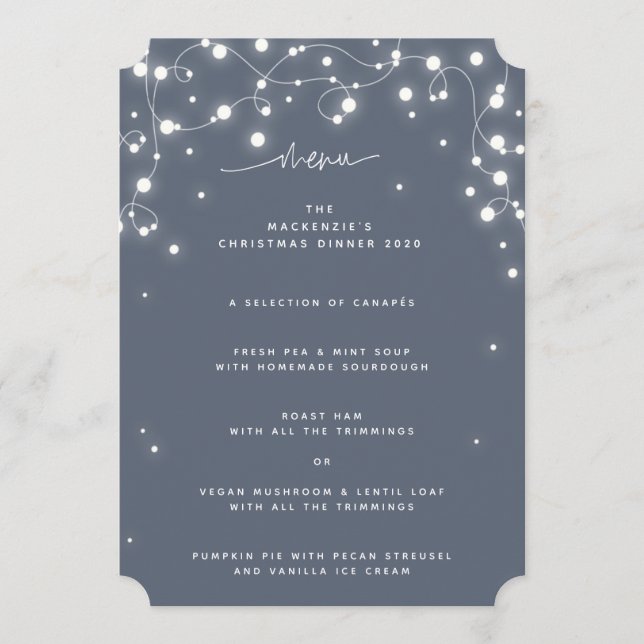 Blue-Grey Sparkling Lights Christmas Flat 4 Course Menu (Front)