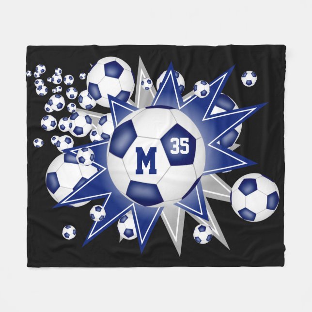 blue grey sports room decor soccer ball blowout fleece blanket (Front (Horizontal))