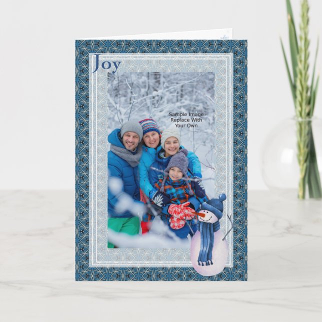 Blue Grey Star Pattern And Snowman Christmas Holiday Card (Front)