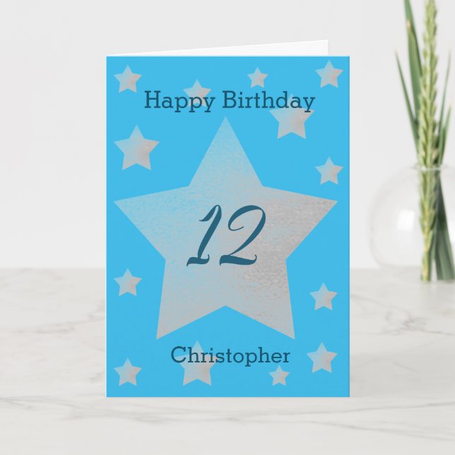 Blue Grey Stars 12th Birthday Card (Front)