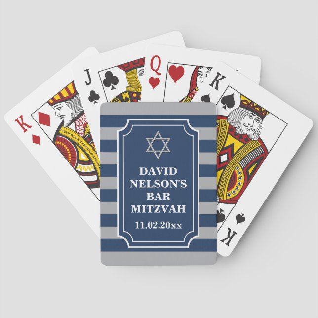 Blue, Grey Striped Bar Mitzvah Playing Cards (Back)
