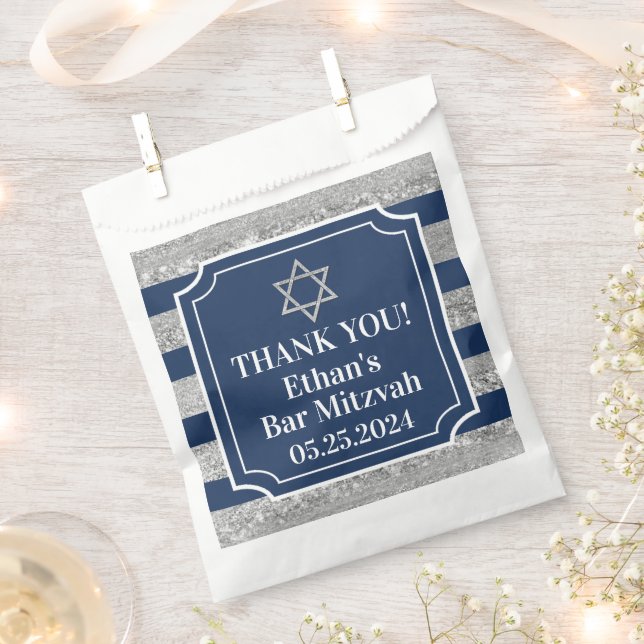 Blue, Grey Striped Bar Mitzvah Thank You  Favour Bags (Clipped)