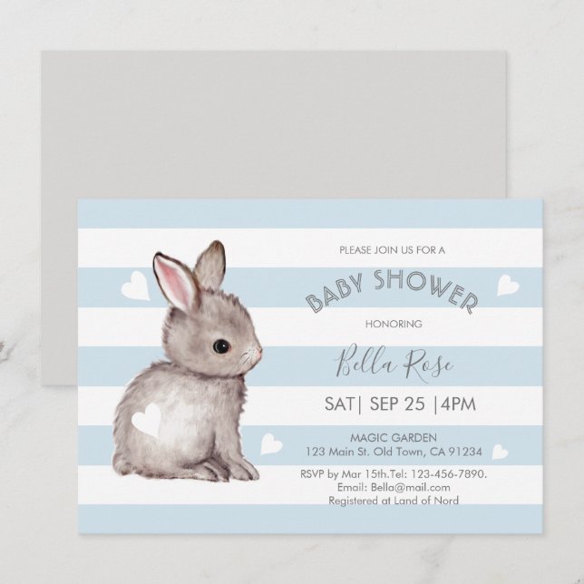 Blue Grey Stripes Bunny Heart Baby Shower Invite (Front/Back)