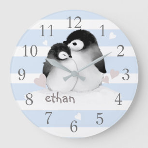 Blue Grey Stripes Penguin Nursery Wall Clock