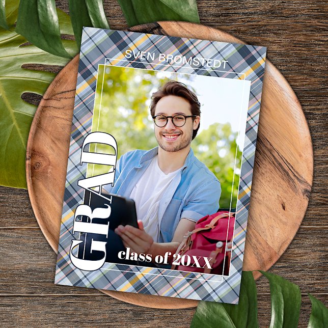Blue Grey Tartan Plaid Graduation Announcement (Creator Uploaded)