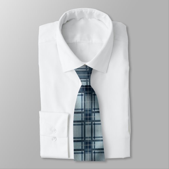 Blue Grey Tartan Plaid Tie (Tied)