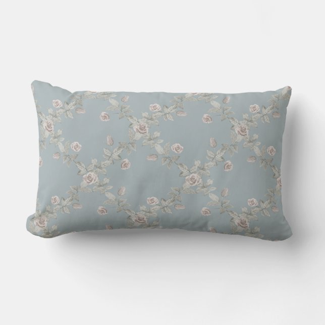 Blue Grey Taupe Rose Sage Trellis Pattern Lumbar Cushion (Front)