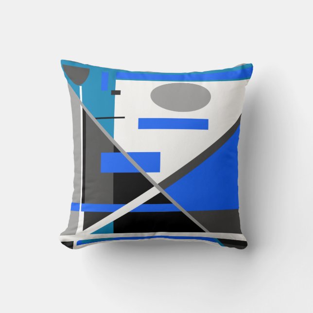 Blue Grey Teal Black White Geometric Abstract Art Cushion (Front)
