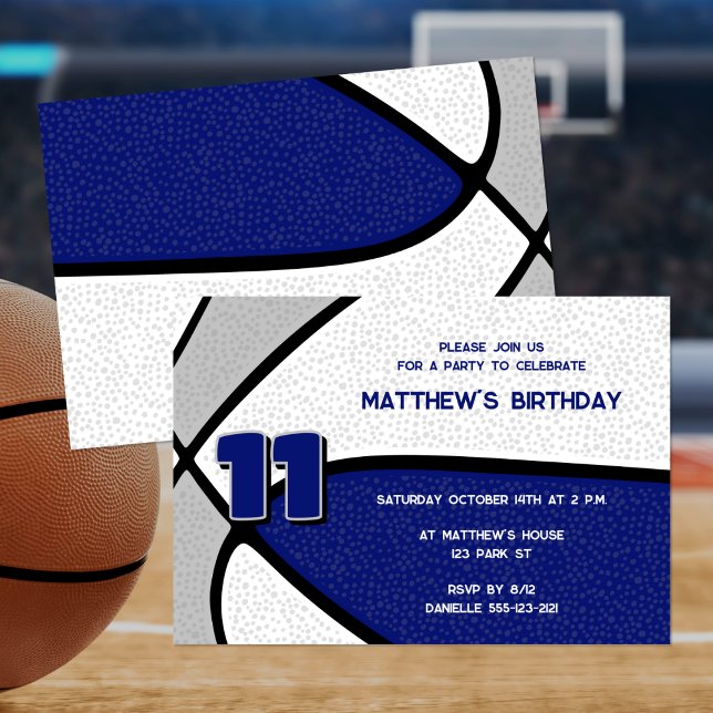 blue grey team colours basketball birthday invitation (front & back views)