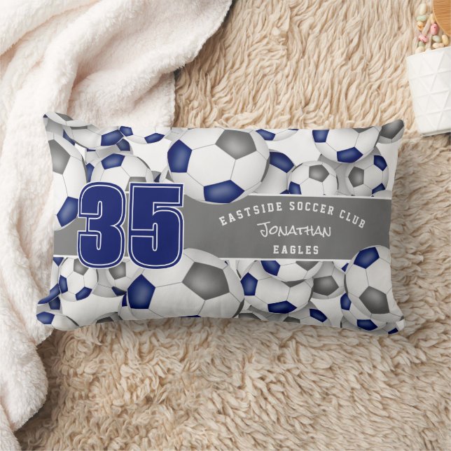 blue grey team colours Lots of soccer balls Lumbar Cushion (Blanket)