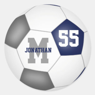 blue grey team colours soccer ball personalised classic round sticker