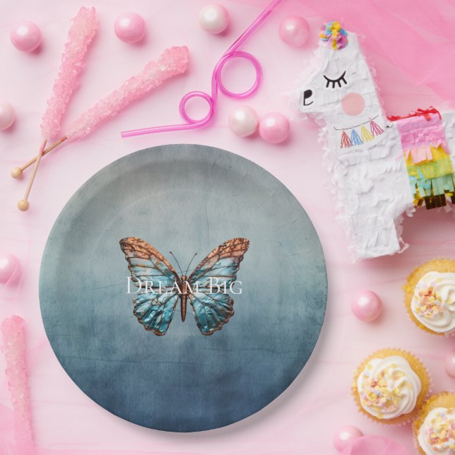 Blue Grey Texture Butterfly Paper Plate (Party)