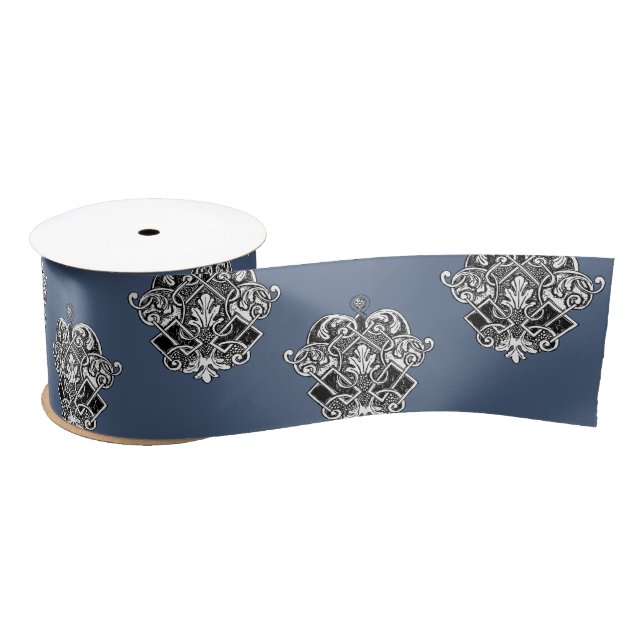 Blue Grey Victorian Ornamental Design  Satin Ribbon (Spool)