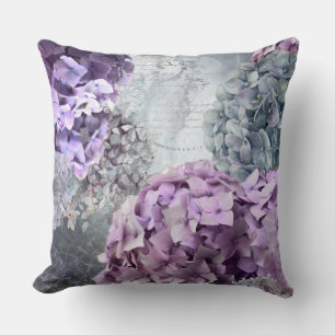 Blue Grey Vintage floral Hydrangea Flower pattern Cushion