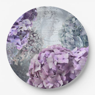 Blue Grey Vintage floral Hydrangea Flower pattern Paper Plate