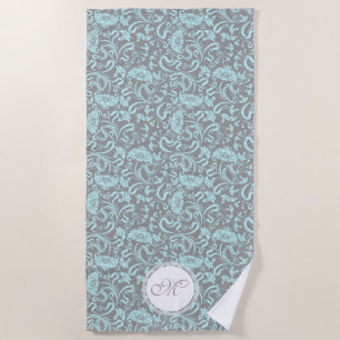 Blue Grey Vintage Floral Pattern Monogram Beach T Beach Towel