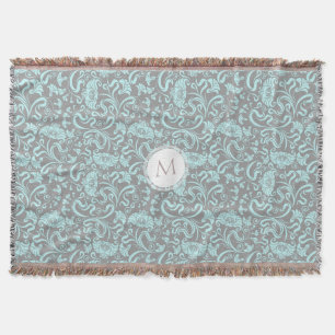 Blue Grey Vintage Floral Pattern Monogram Blanket
