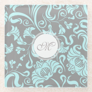 Blue Grey Vintage Floral Pattern Monogram Glass C Glass Coaster