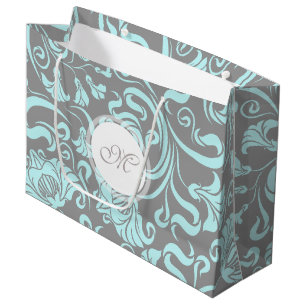 Blue Grey Vintage Floral Pattern Monogram L Gift B Large Gift Bag