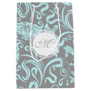 Blue Grey Vintage Floral Pattern Monogram M Gift B Medium Gift Bag