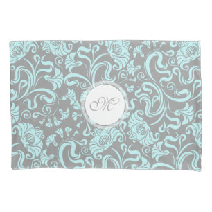 Blue Grey Vintage Floral Pattern Monogram Pillow C Pillowcase