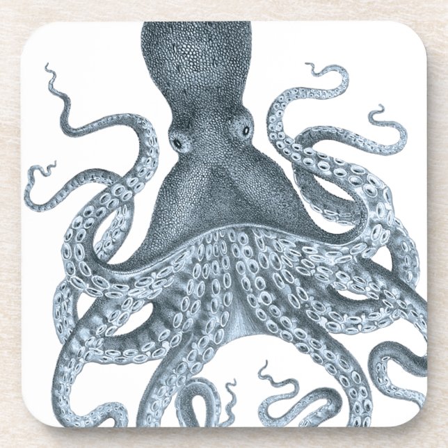 Blue Grey Vintage Octopus Illustration Coaster (Front)